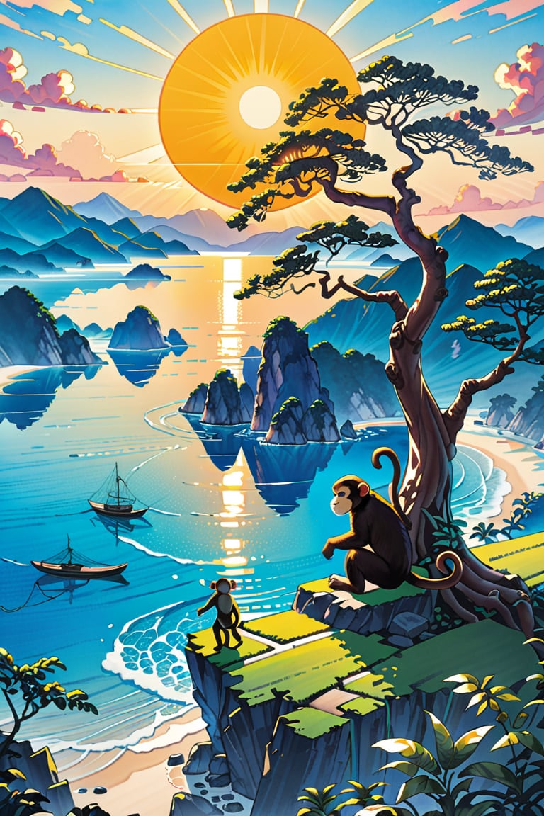 Mountains, fertile land, bright sun, big tree, monkey, monkey on tree,  sea, wide sea