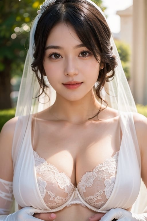 (8K, original photo, highest quality, masterpiece: 1.2), (current, realistic: 1.3), (sharp focus on chest), ((3D lighting, aura)), outdoor wedding hall, veil, gloves, shoes, bra, panties , nude, 1 girl, long to medium black hair, chubby girl, big breasts, big buttocks, narrow waist, high thighs, apple hips, bouquet, holding a bouquet, front view, top view, carpet, perfect lighting, perfect light, clarity,