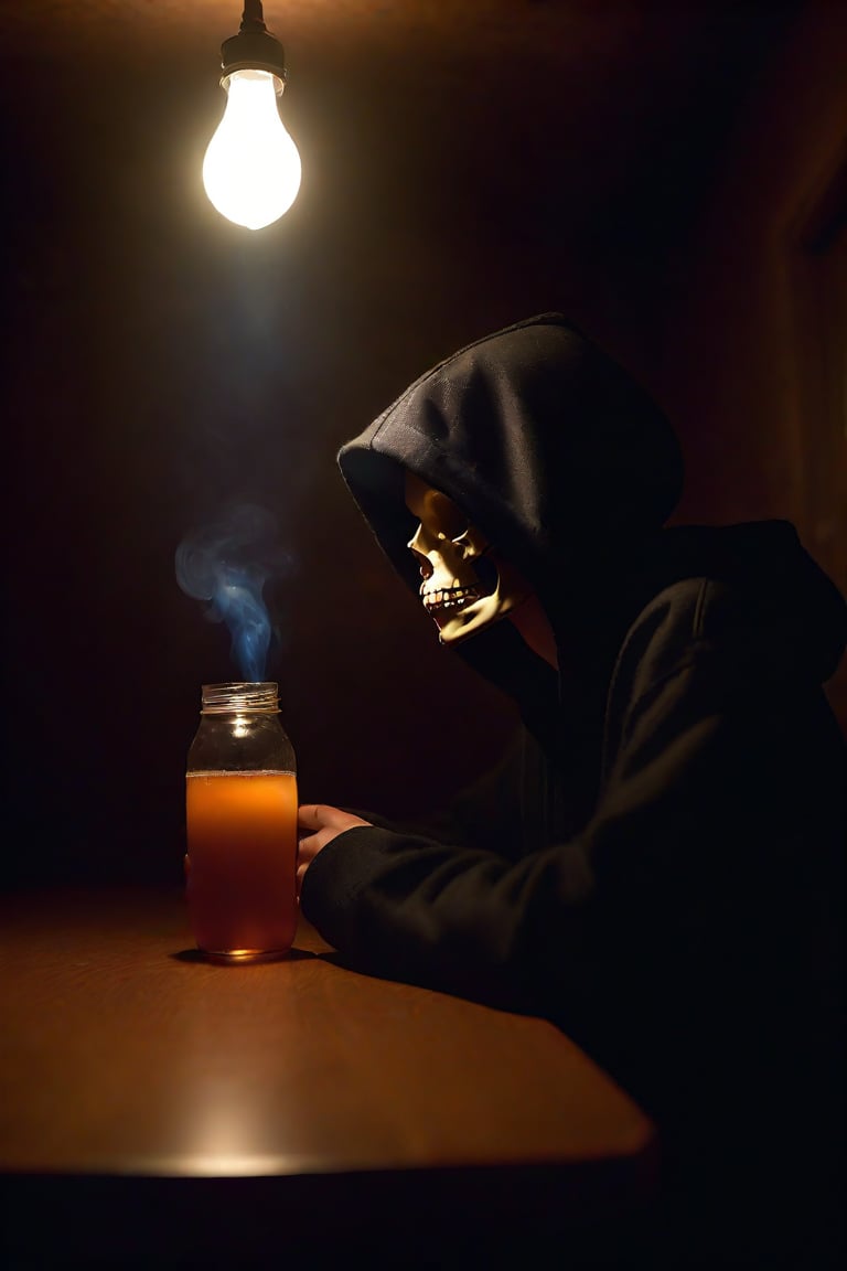 A lone figure sits solo, surrounded by the trappings of indulgence. A single boy, his face obscured by a hoodie, sits at a table with a cup and a bottle. A skull adorned with a cigarette dangles precariously close to his hooded head as he takes a drag, exhaling smoke into the air. The dimly lit indoor setting is illuminated only by the soft glow of a drinking glass, casting an eerie atmosphere over the scene.