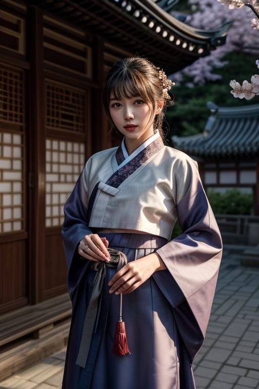 (8K, original, highest quality, famous photo: 1.2), (current, real photo: 1.3), ((3D lighting, aura)),

Blue eyes, 1girl, holding, weapon, female focus, cherry blossom hanbok, flower bouquet, shoulder cloak, sheath, cherry blossom, spring, bamboo, lotus flower, architecture, East Asian architecture, Joseon tile house,Hanbok