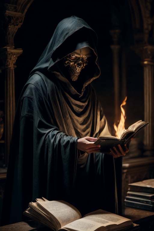 A darkened chamber, lit only by the flickering flames of a crackling fire. A figure sits, hood drawn over their face, surrounded by the shadows. Clad in a long, black robe, they hold an open book, illuminated by the fire's warm glow. The air is thick with mystery as they read from the ancient tome, a human skull nestled beside them like a macabre bookmark.