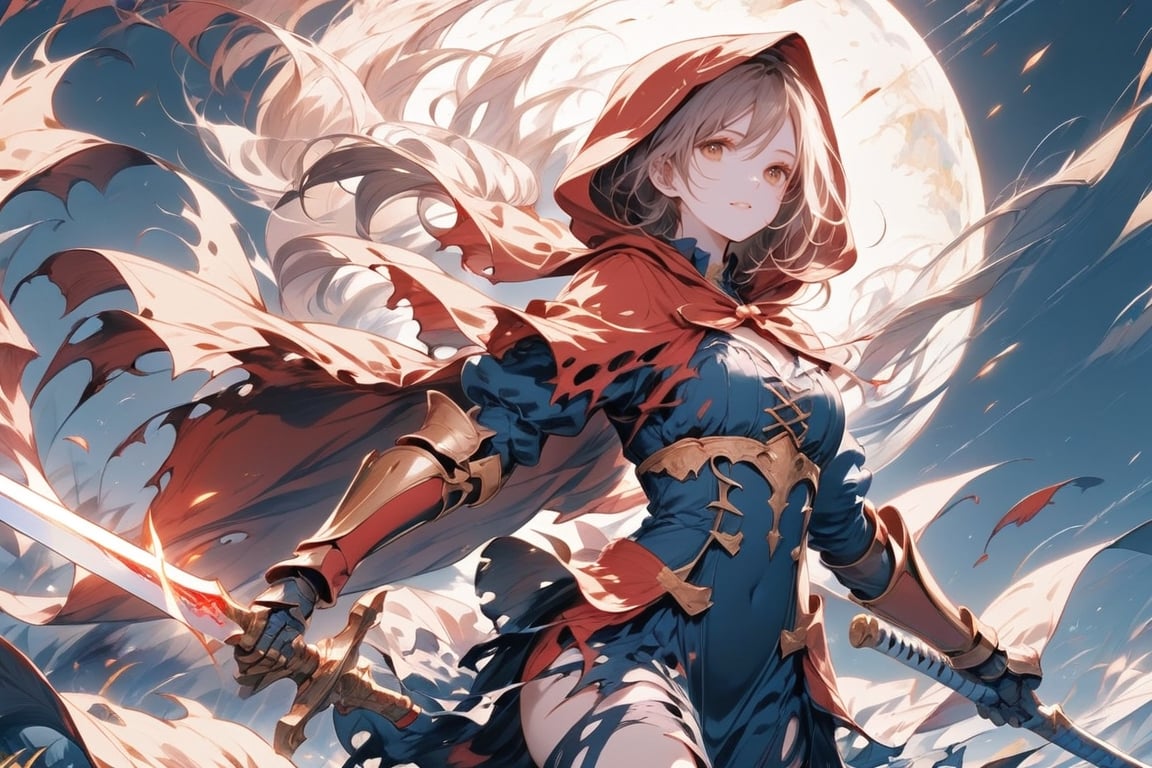 solo, red eyes, 1girls, holding, weapon, male focus, sword, hood, holding weapon, armor, torn clothes, glowing, holding sword, gauntlets, cloak, hood up