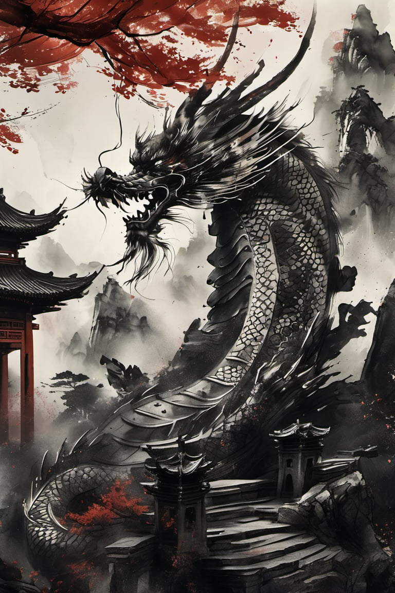 A majestic eastern dragon wraps itself around the ancient trunk of a gnarled tree, its scales glistening in monochrome shades of grey. Chinese characters etched into the stone pillars of an ornate pagoda whisper secrets to the wind, as the dragon's fiery breath illuminates the intricately carved wooden doors and the serene courtyard beyond.