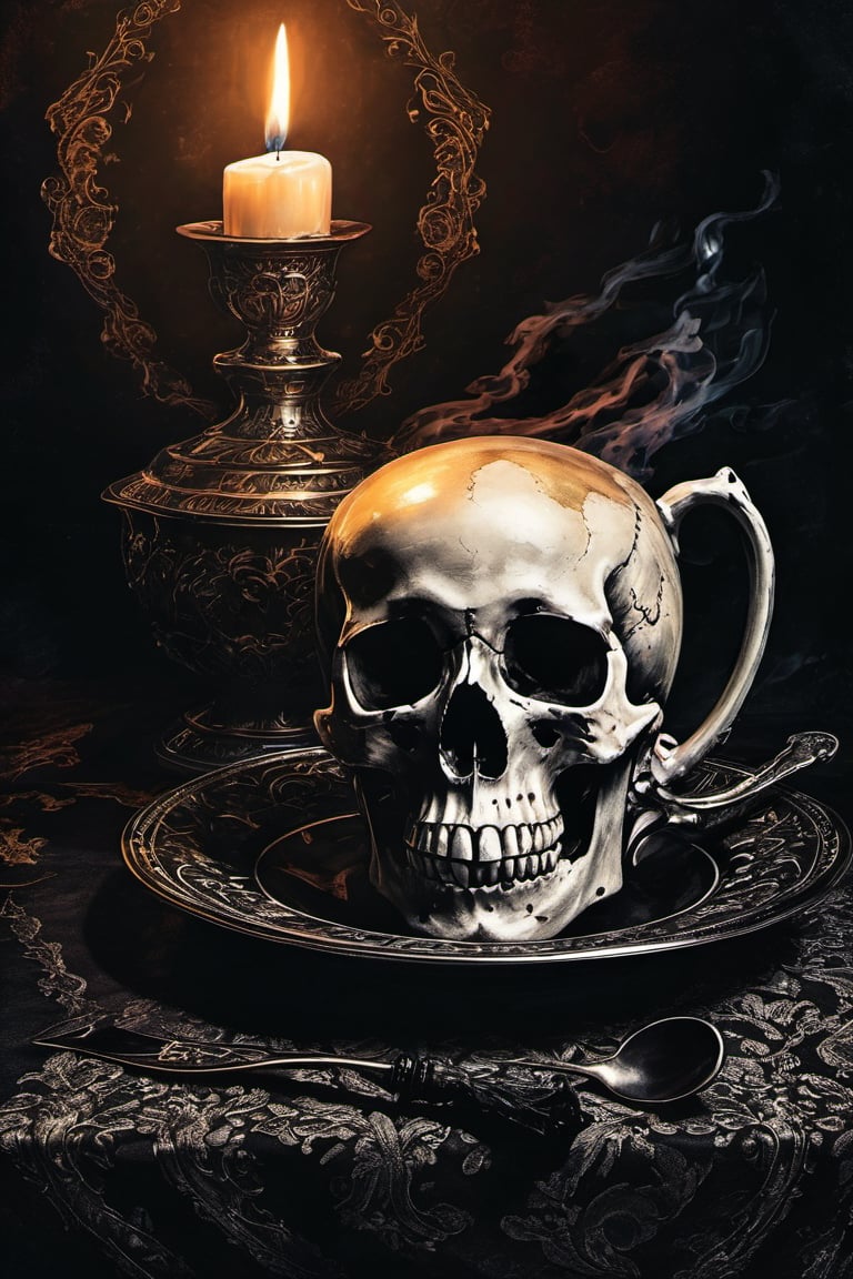 A macabre still life depiction: a vintage-style cup sits atop a dark, mysterious black background, its curves and contours illuminated by an eerie glow. In the foreground, a human skull lies open-mouthed, as if in mid-scream, surrounded by the ornate handle of the cup. The overall atmosphere is ominous and haunting, evoking a sense of mortality and foreboding.