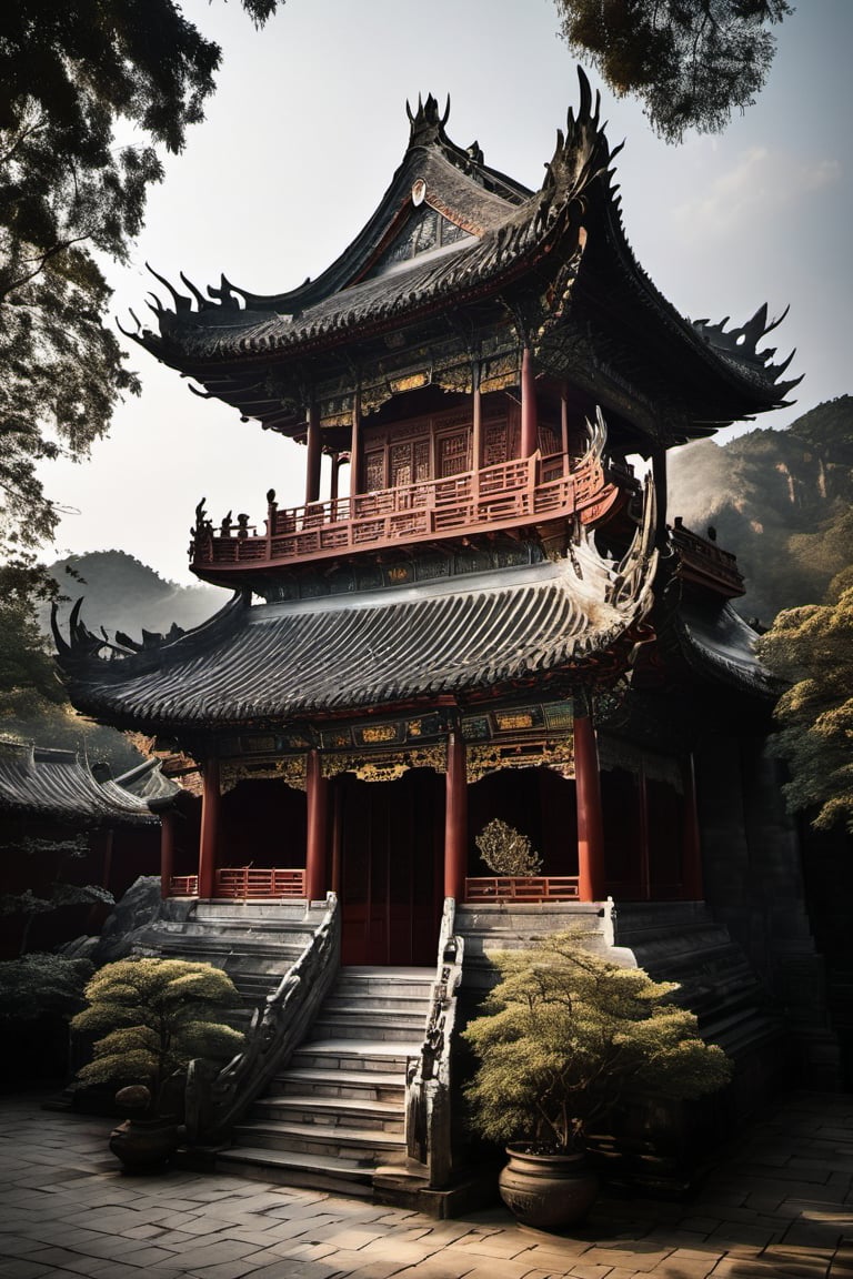 A majestic Chinese-style temple's intricately carved wooden doors slide open to reveal a serene courtyard, bathed in soft, warm light. A sturdy East Asian-inspired tree stands tall, its gnarled branches stretching towards the cloudy sky like nature's own ancient dragon. Ancient Chinese characters adorn the walls, whispering secrets of a bygone era, as the mythical eastern dragon's scales glint softly in shades of grey, blending seamlessly with the monochrome surroundings.