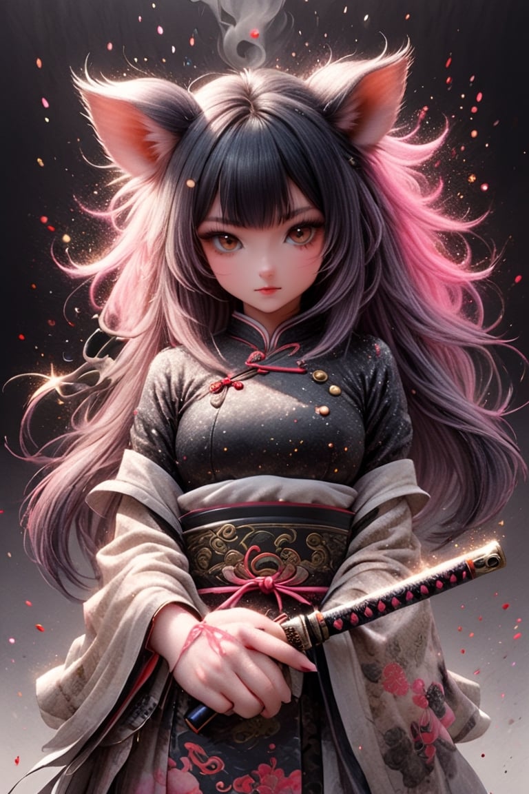 pig, 1girl, weapon,, ink, Chinese ink painting, smoke,glitter,chibi,Ukiyo-e,colorful