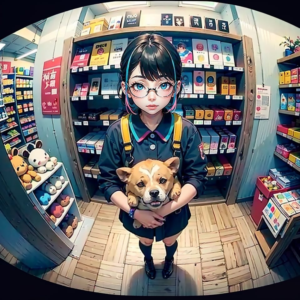 (masterpiece, best quality), (colorful:1.4), from above, solo, 1girl standing in a store with lots of stuffed animals on the shelves and a bag of stuff, depth of field, fisheye lens,china