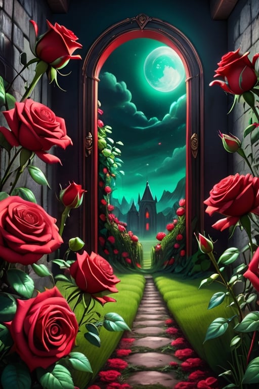 fllower, roses, feild,wall art style, red color, lush , vibrant, mysterious, hyper realism, dark themed, 4k,High detailed ,More Detail,EpicArt,Color magic