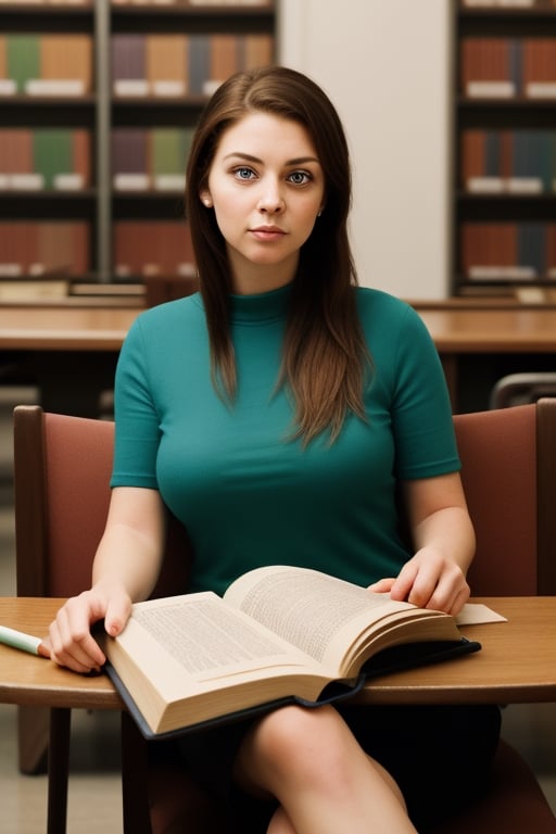 portrait from head to waist. Hyperrealistic portrait of a 30-year-old curvy woman, sitting in a library. Woman with a very pretty face, big blue eyes, thick lips with pink gloss, very wide hips, very narrow waist, very voluminous and large breasts, long hair tied up casually with a pencil, wearing a top with a very deep green neckline dark, she is sitting in a chair in front of a large table full of books reading a book in the library, very warm environment, soft yellow light, photorealistic, 4k texture, 45mm lens