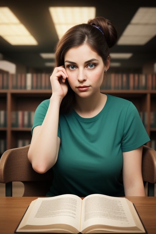 portrait from head to waist. Hyperrealistic portrait of a 30-year-old curvy woman, sitting in a library. Woman with a very pretty face, big blue eyes, thick lips with pink gloss, very wide hips, very narrow waist, very voluminous and large breasts, long hair tied up casually with a pencil, wearing a top with a very deep green neckline dark, she is sitting in a chair in front of a large table full of books reading a book in the library, very warm environment, soft yellow light, photorealistic, 4k texture, 45mm lens