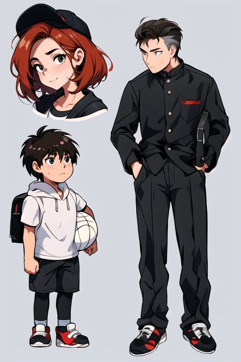 Two boys, High school students and elementary school students, Redhead, brunette, black student uniform, gakuran, Delicate facial features, casual sportswear, shorts, basketbball, sneakers, tsurime, Ghibli-like colours, Color Field painting, anime, UHD, masterpiece, anatomically correct, textured skin, high details, highres,simple_background,midjourney