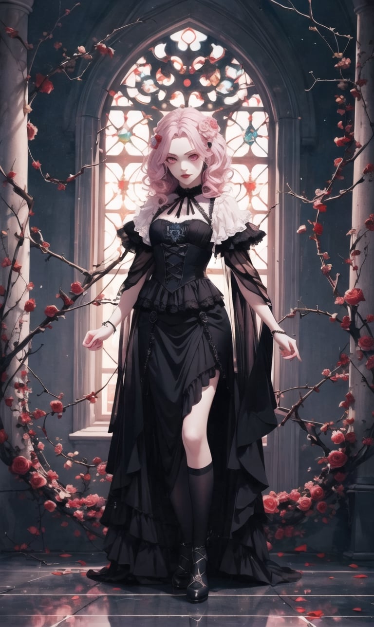 dark_academy, perfect face, perfect finger, gothic dress, vampire queen, wavy hair, see_through, thin fabric, white_rose, (red_rose: 0.5), thorns, pink and blue gradient hair, anime,1 girl, ((full body)), lolitagothi, high detail, Neoclassicism, reflection light,perfect light