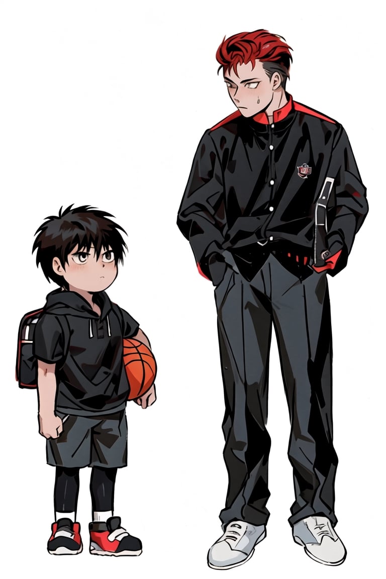 Two boys, High school students and elementary school students, Redhead, brunette, black student uniform, gakuran, Delicate facial features, casual sportswear, shorts, basketbball, sneakers, tsurime, sharp eyes, Ghibli-like colours, Color Field painting, anime, UHD, masterpiece, anatomically correct, textured skin, high details, highres,simple_background,best quality