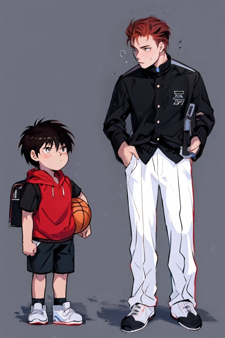 Two boys, High school students and elementary school students, Redhead, brunette, black student uniform, gakuran, Delicate facial features, casual sportswear, shorts, basketbball, sneakers, tsurime, Ghibli-like colours, Color Field painting, anime, UHD, masterpiece, anatomically correct, textured skin, high details, highres,simple_background,best quality,1boy