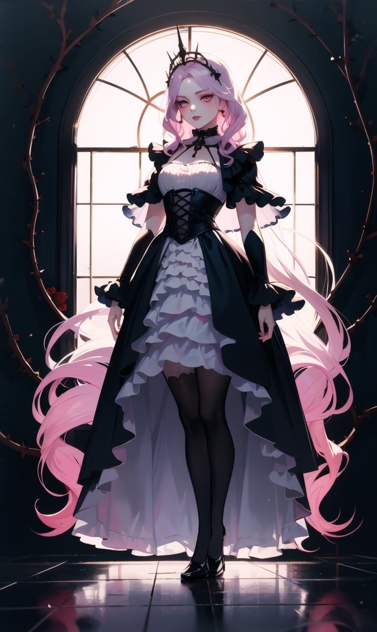 dark_academy, perfect face, perfect finger, gothic dress, vampire queen, wavy hair, see_through, transparent fabric, white_rose, (red_rose: 0.5), thorns, pink and blue gradient hair, anime,1 girl, ((full body)), lolitagothi, high detail, Neoclassicism, reflection light,perfect light