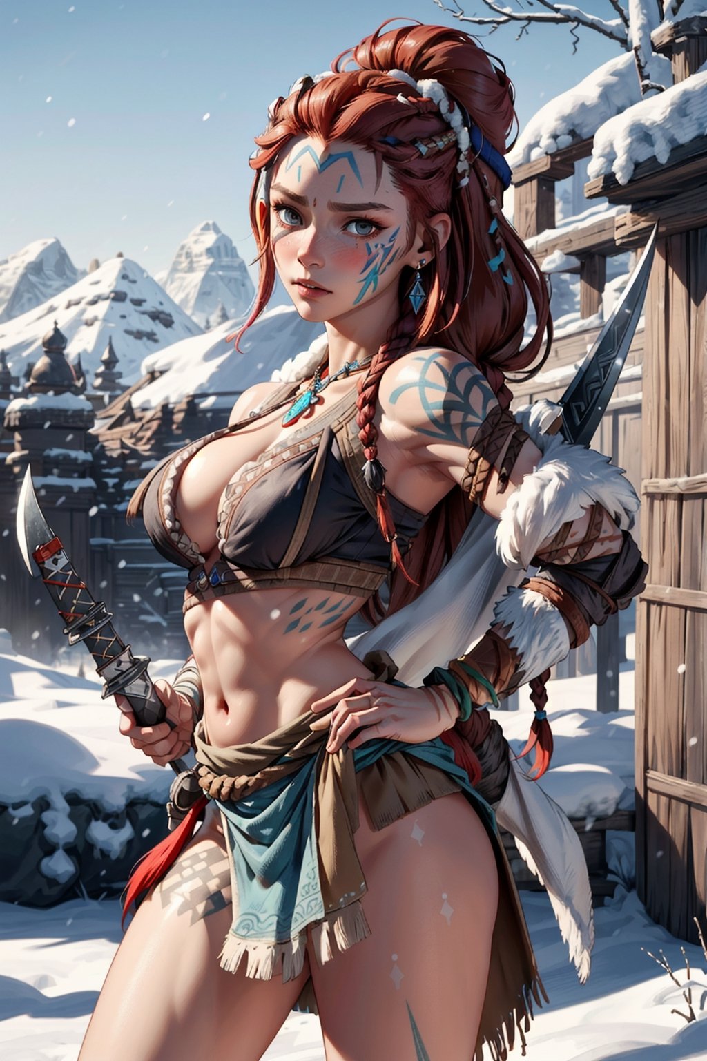 Ultra realistic 8k cg,picture-perfect face,blush,(Aloy from Horizon Zero Dawn barbarian queen),carries a bow ready to shoot in his hands,flawless,clean,masterpiece,professional artwork,(perfect female body,huge breast)thicc hips,abs,muscular legs,goddess,red hair,braids,celtic,fantasy,dreamlike,unreal,sexy,charming,alluring,enchanting,makeup,earring,tattoos,furs,belts,straps,fur tanktop,loincloth,bone necklace,(colorfull),warpaint,facepaint,celtic north winter snow mountain,big sword on back