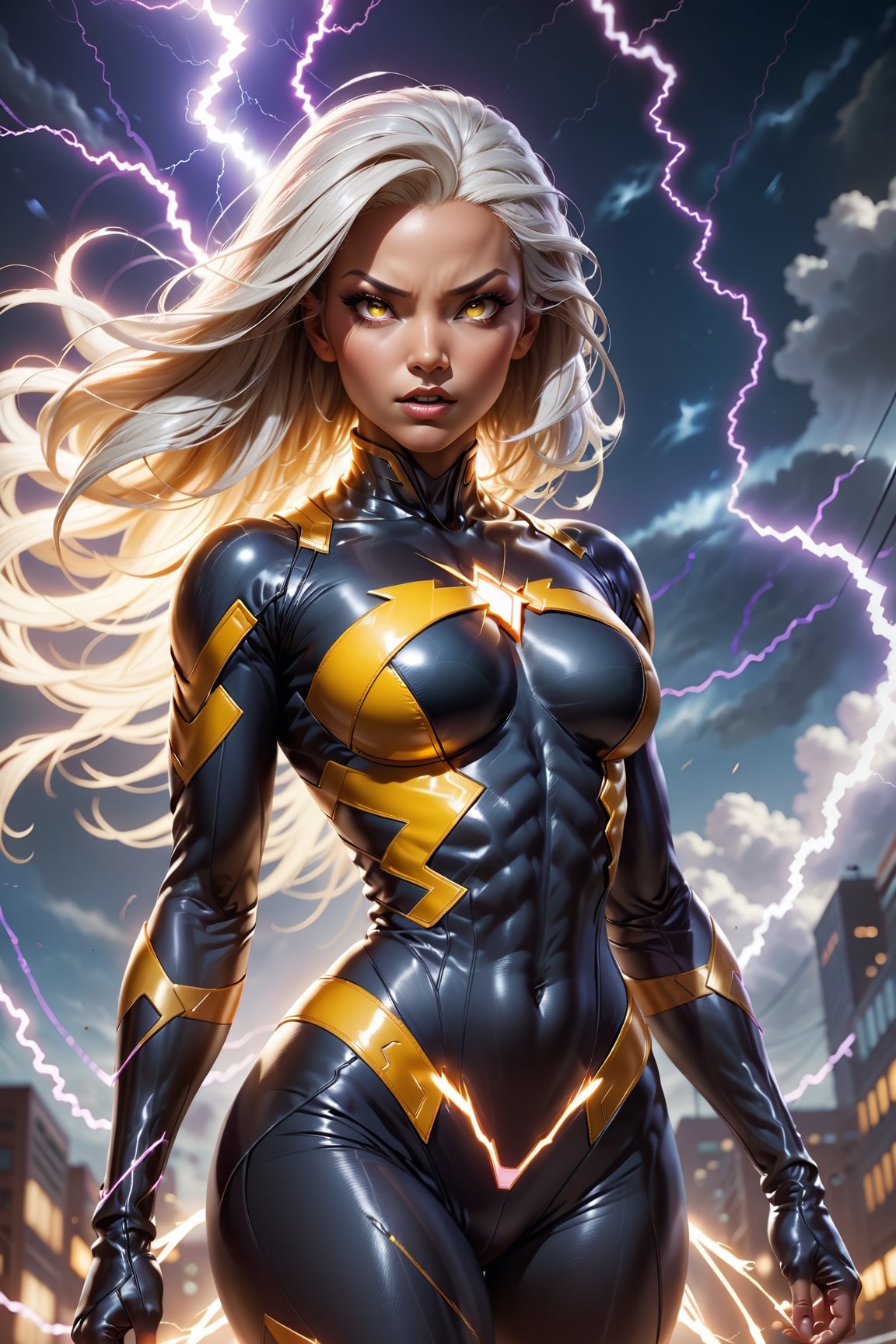 Imagine a dynamic scene featuring of iconic Marvel X men Comics Storm character, lady_electro mixed lady_black-lighting, heroin, superhero, sparkle, spark, glow. black suit with yellow details. electricity that runs through your entire body. Visualize it wrapped in lightning, sexy pose, very big breasts, swaying, radiating an intense discharge. Create a message for a super-detailed 16k Ultra HDR image that captures the essence of the human lightning bolt: perfect face, lightning strike, and dynamic pose. Choose a background that complements your character, creating a cinematic masterpiece with high realism and top-notch image quality