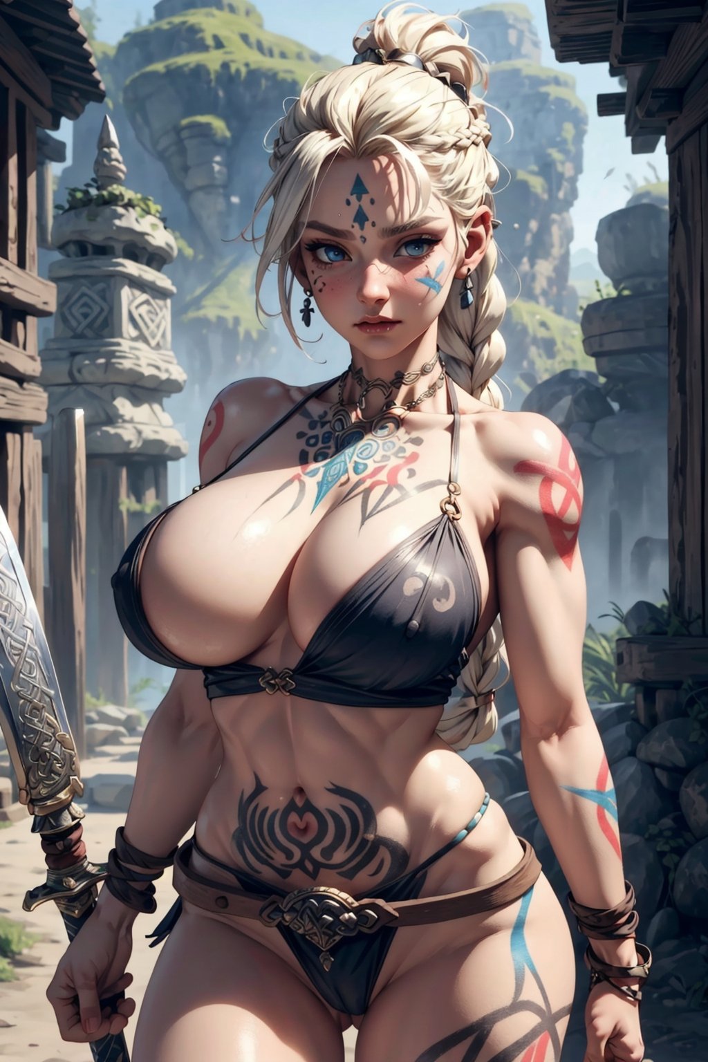 Ultra realistic 8k cg,picture-perfect face,blush,(barbarian queen),flawless,clean,masterpiece,professional artwork,(perfect female body,huge breast)thicc hips,abs,muscular legs,goddess,platinum blonde,braids,celtic,fantasy,dreamlike,unreal,sexy,charming,alluring,enchanting,makeup,earring,tattoos,furs,belts,straps,fur tanktop,loincloth,bone necklace,(colorfull),warpaint,facepaint,celtic highlands,sword on back