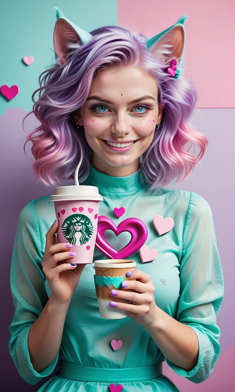 an image of a smiling woman with purple and pink hair and hearts, with her cat and coffee, in the style of photorealistic fantasies, barbiecore, light turquoise and dark pink, bright luster, colorful drawings, wavy, lovecore 