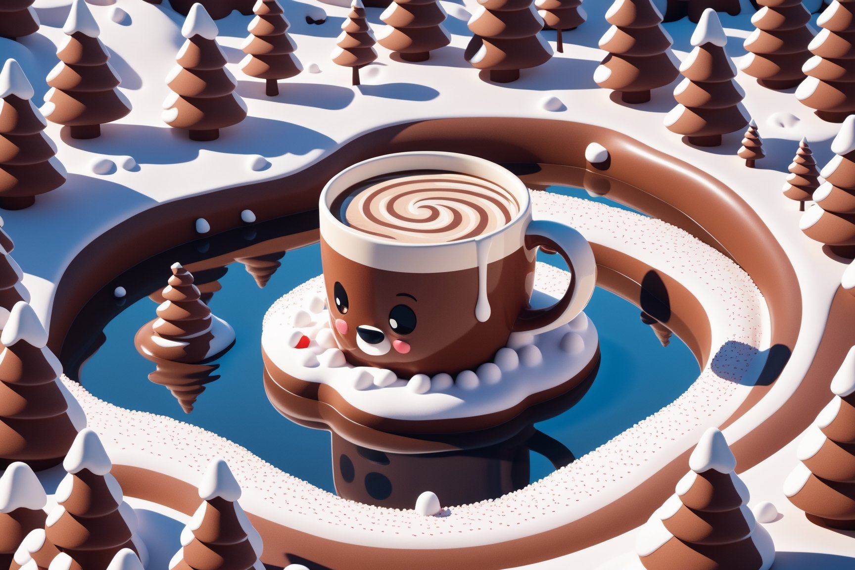 Illustrate an isometric image of an animated hot chocolate mug with a friendly expression, sitting in a chocolate river landscape dotted with marshmallow hills and candy cane trees.