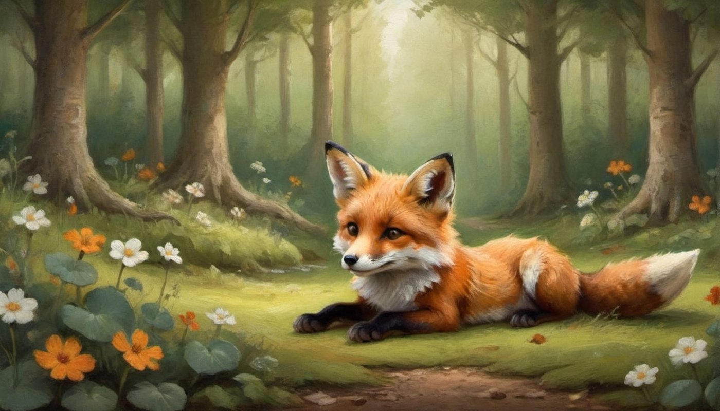 Illustration of little fox Fifi in her beautiful forest home