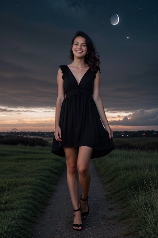 the iconic features of young Gia Marie Carangi  Black dress, gray eyes, medium wavy hair, medium chest, Black hair, against the night sky, summer night, portrait, serenity, innocence, dreaminess, dark exposure, bright colors,dark tones, Clouds,full body, smiling
