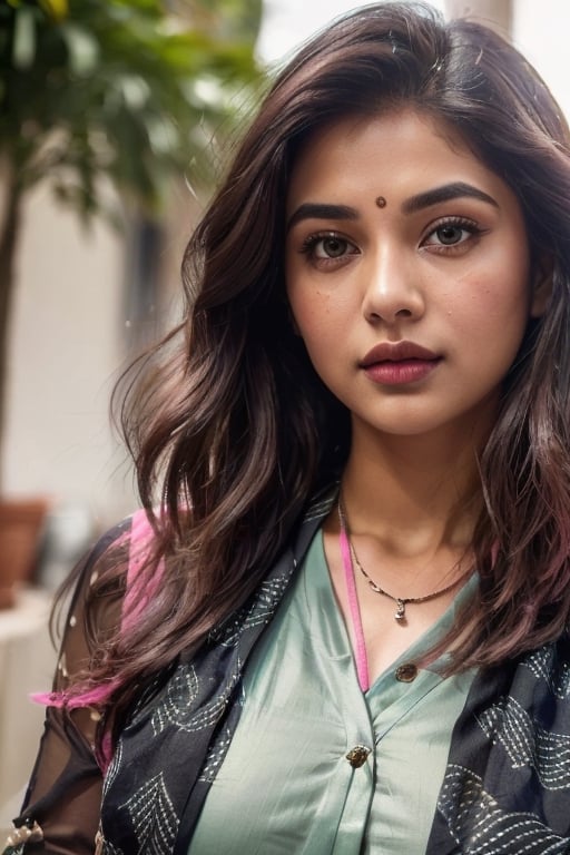 ((A beautiful Indian teenage girl (19 year old) with medium black curley hair, brown eyes, at home , ((( breast size (small), boobs size (small, natural), makeup))), (((wearing pink saree , wearing  necklace, wearing bangles on hands, (upper body covered), full upper body( full sleeves), bob hair cut:1.5, natural boobs))), (perfect body:1.5), (pov_eye_contact, looking_at_viewer), (scared,  close up photo,  looking at camera, z1l4, (upper body, medium waist , {thighs}, standing straight, facing viewer) 