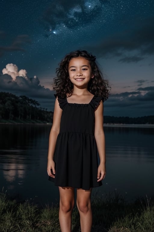 the iconic features of young Gia Marie Carangi girl, Black dress, gray eyes, medium wavy hair, medium chest, Black hair, against the night sky, summer night, portrait, serenity, innocence, dreaminess, dark exposure, bright colors,dark tones, Clouds,full body, smiling
