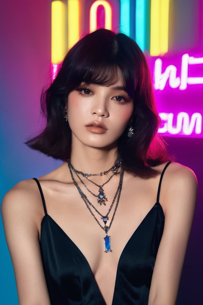  Gia Marie Carangi woman with a necklace and a necklace with a neon sign in the background, popular korean makeup, character album cover, dark psychedelia style, joy, promotional photoshoot, with a dark fringe, vogue cover style, promotional render, center parted curtain bangs