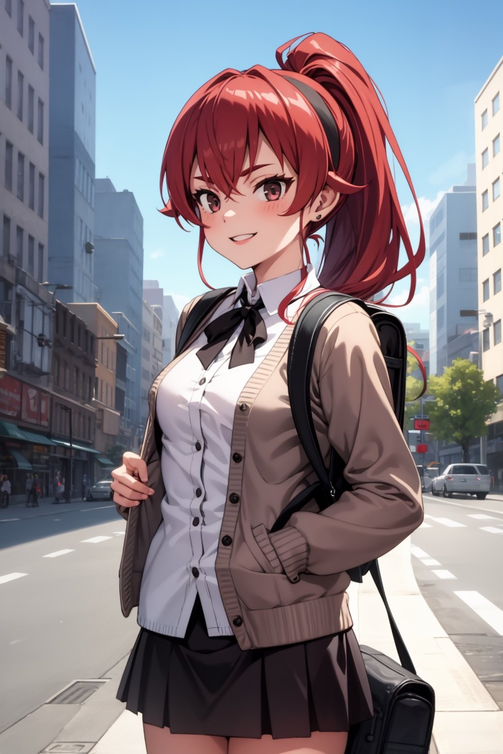Masterpiece,  1girl,, High detailed, HDR, 8K, , feminim smile, wearing an undershirt and a short skirt, happy expression, in the middle of the city in the afternoon, she looks very sexy, wearing an open cardigan, small women's backpack, upper body, ponytail, black headband