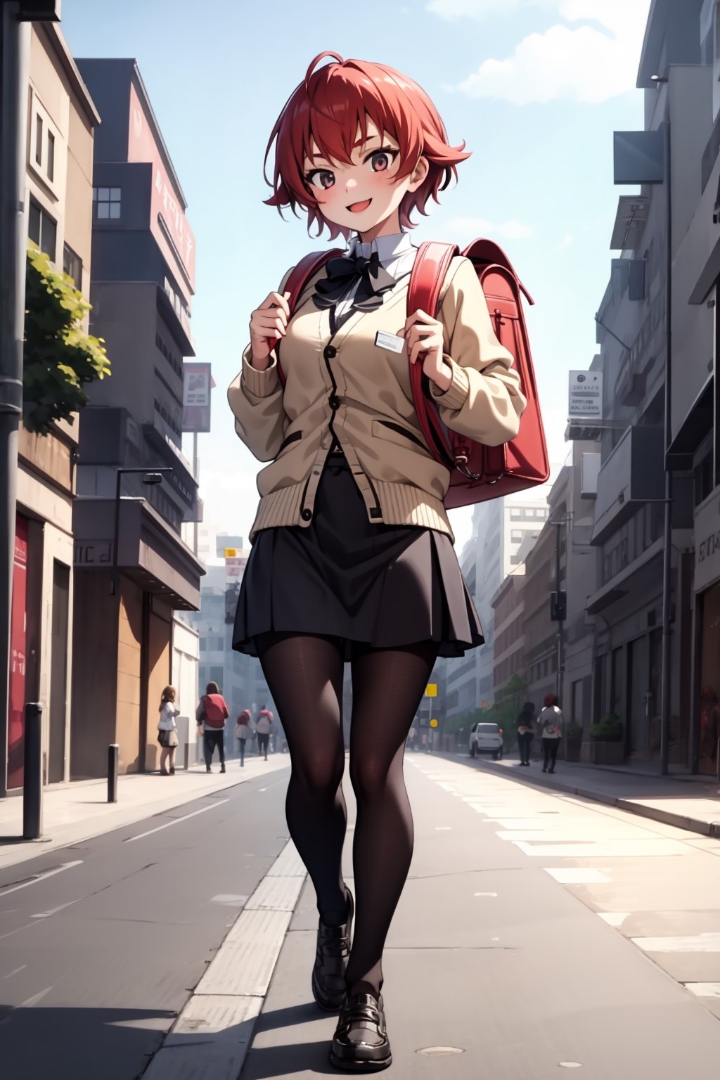 Masterpiece,  1girl,, High detailed, HDR, 8K, , feminim smile, wearing an undershirt and a short skirt, happy expression, in the middle of the city in the afternoon, she looks very sexy, wearing an open cardigan, small women's backpack, full body, 