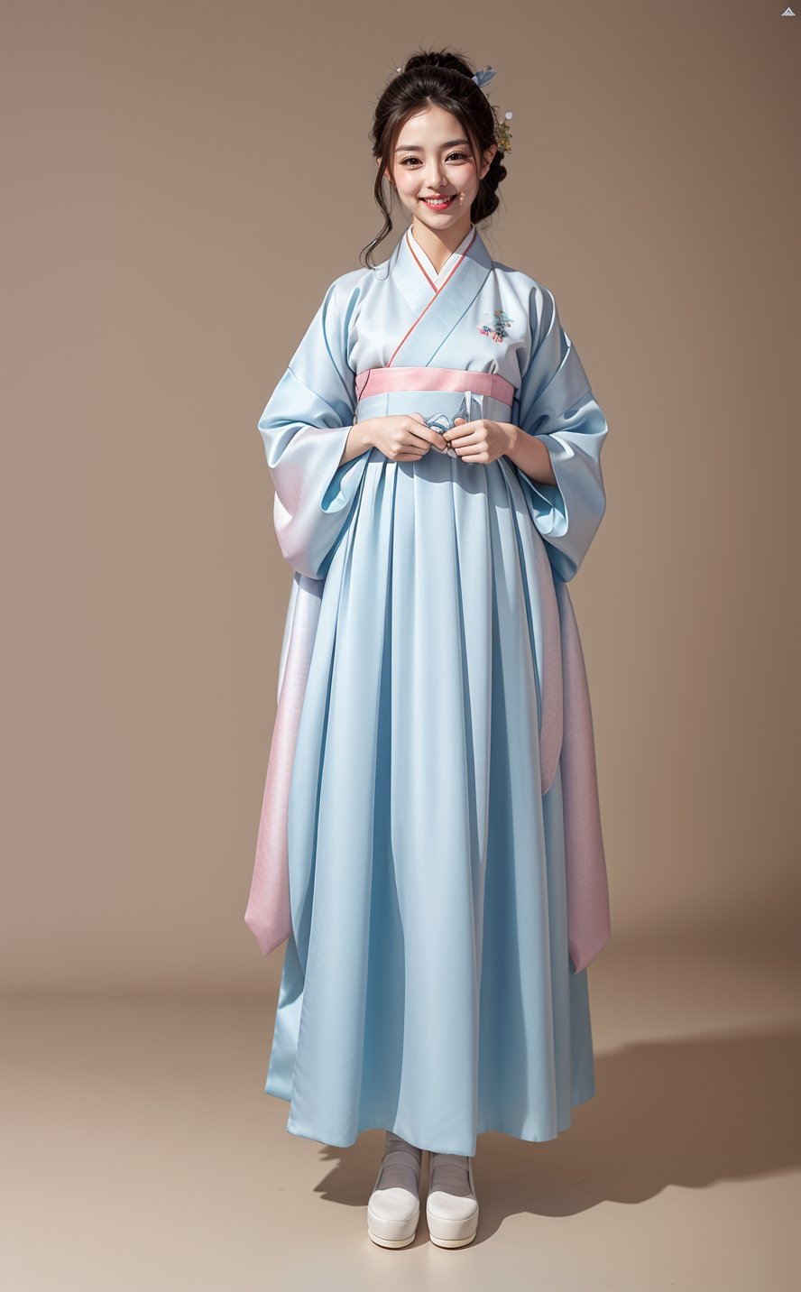 Hanbok, a gorgeous girl, smiling, white face, looking to viewer, (full_body shot:1.3), aesthetic, romance_mood ,kwon-nara