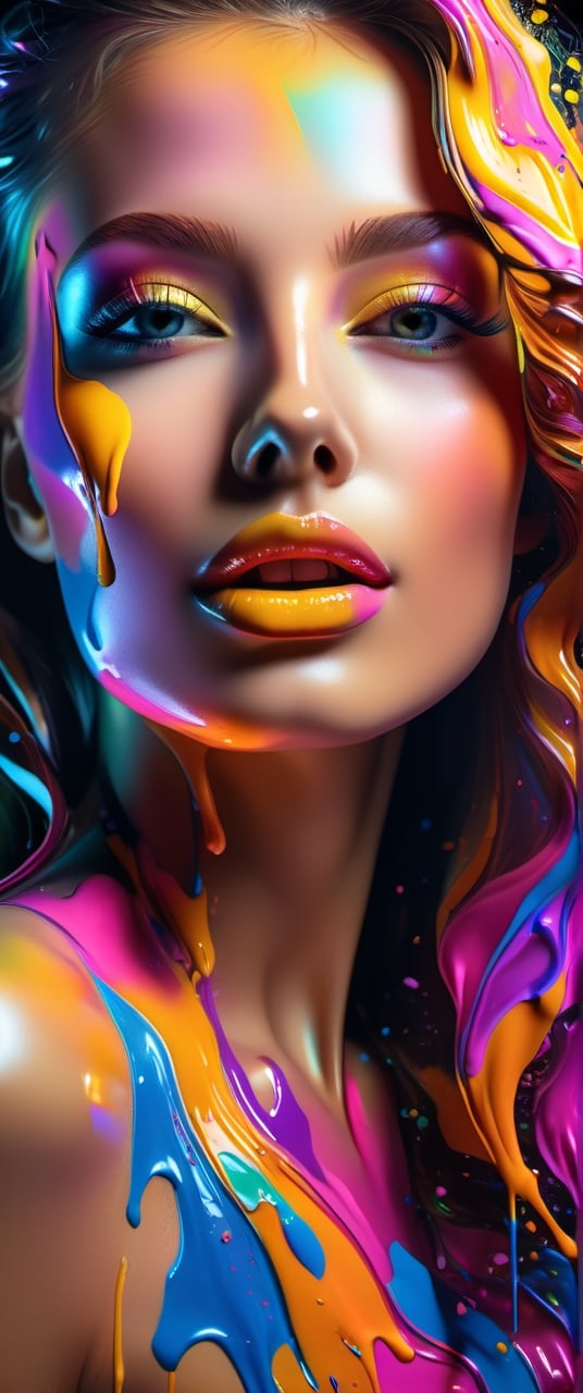 Ultra detailed Ultra realistic portrait of a beautiful woman covered by glistening colorful paints with flowy, 8kUHD, neon glow 