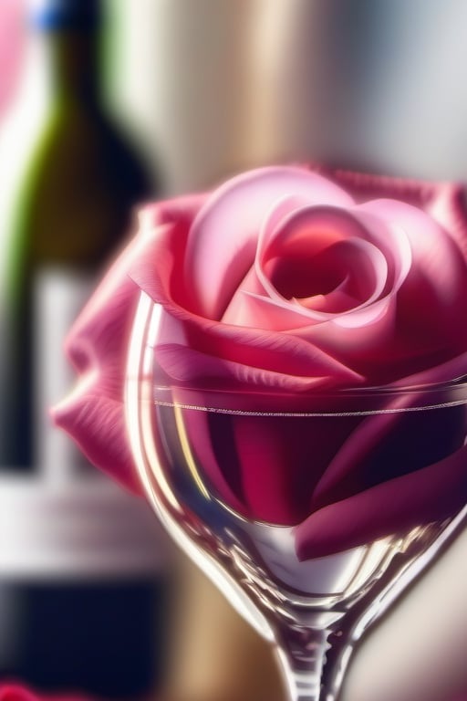 flower, artist name, signature, blurry, cup, petals, no humans, depth of field, rose, pink flower, alcohol, drinking glass, bouquet, realistic, glass, wine glass, pink rose, wine, food focus, still life