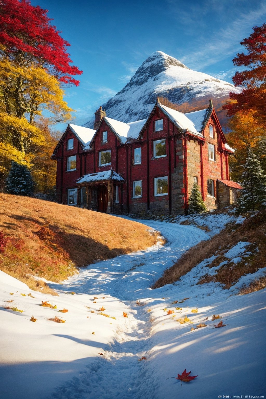masterpiece, best quality, official_art, aesthetic and beautiful, potrait of an old grand house, on Scotish highlands, snowed mountain, huge grewn field, autumn_leaves, fall_season, no_humans