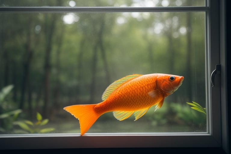 A  beautiful fish, yellow and orange colors mixed, inside big glass,  wide and big glass, clean water, focus ,4k, canon, ultra-detailed , 
background: trees seen through thr opened window 