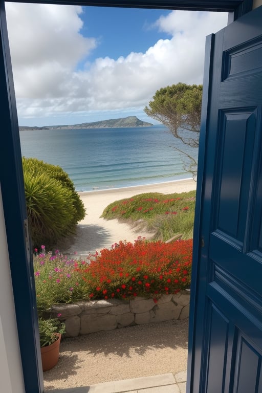 flower, outdoors, day, water, tree, no humans, traditional media, beach, plant, red flower, scenery, cobalt color door opened,  sea seen through the open door