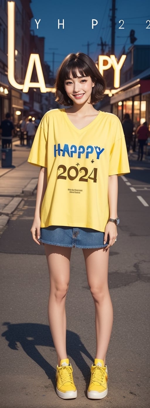 best quality, masterpiece, (photorealistic:1.4), 1girl, brown and whiteish short hair , v neck short sleeve shirt, oversized tank, short skirts,outdoor, cafe, (happy:0.88), ("HAPPY 2024" small yellow text logo on her shirt:1.5),Seattle city, very soft bobbies ,REALISTIC, full body, overjoyed expression,  blue jeans,  snowing, night vibe romantic, holiday vibe, beautiful night life, full body, wear snickers 