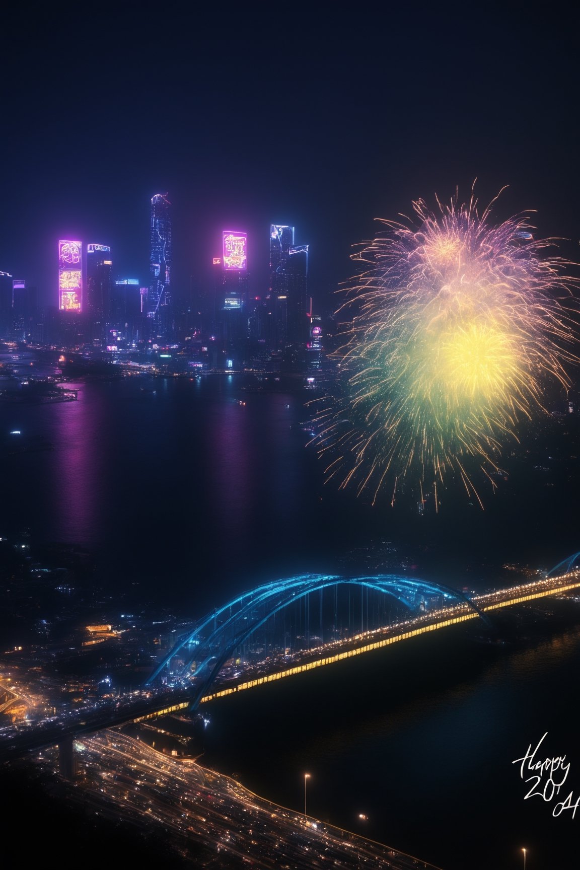 (Professional photograph:1.3) of photo of a city night sky with multicolored end-of-year fireworks, ("HAPPY 2024" text logo, yellow, black, neon, glow:1.7) made of sparkles in the air. Vaporwave aesthetics,  glowing sparkles,  (wide shot:1.2),  BREAK cinematic lighting,  eye level,  Pusan's kwanghan Bridge at night in the background,  (shot on GoPro:1.4),  Fujicolor Pro film, BREAK (photorealistic:1.3),  vignette,  highest quality,  detailed and intricate,  concept art,  original shot, text logo,night city