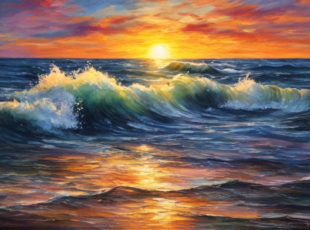 sea shoar, sunset time, waves splashing to the shoars,crayon