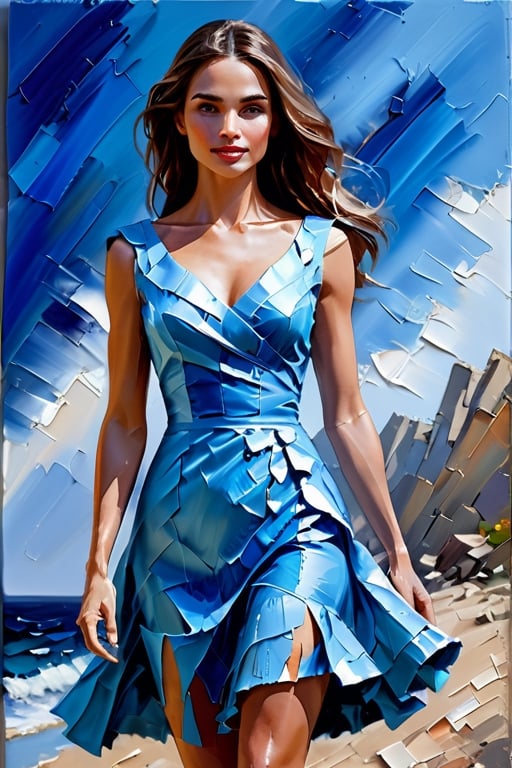 Gorgeous Woman in sky blue dress , painted with palette knife