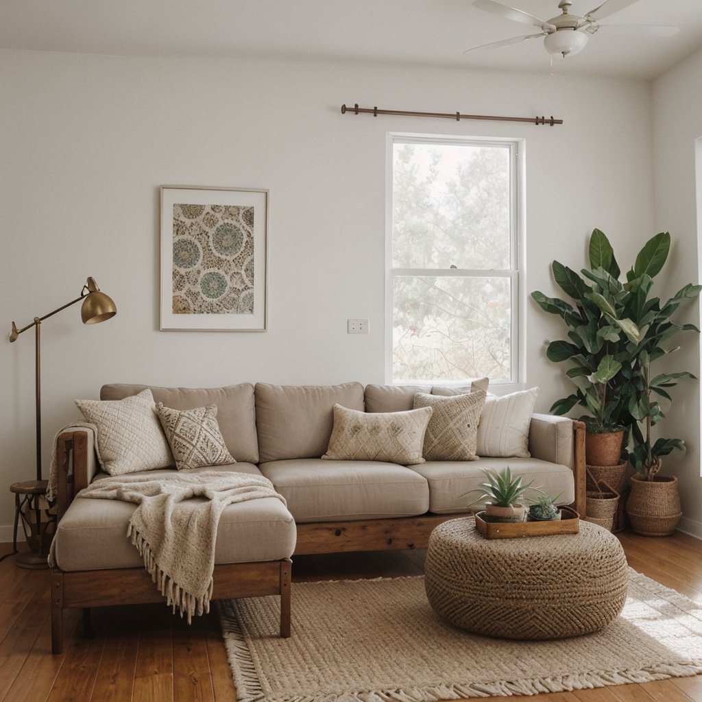 photo of a boho living room, eclectic and cozy design, mix and match of patterns and textures, metallic and moder materials, wide widows,  earthy and cool colors, high angle shot, spacious and airy, negative space, natural light, soft and diffused shadows, comfortable and inviting furniture, metal coffee table, velvet sofa, curved line, calm and relaxed, bohemian and cultural accents,  tribal pillow, succulent plant, asymmetry and contrast, splash of color, rustic and chic color scheme, character and charm, wooden floor, fluffy, realistic and detailed, high-quality resolution, cover of a lifestyle magazine, Anthropologie, professional photographer, style and grace, daytime,  bokeh, film-grain, masterpiece, dynamic angle, gallery, paintings, art, hdr, raw