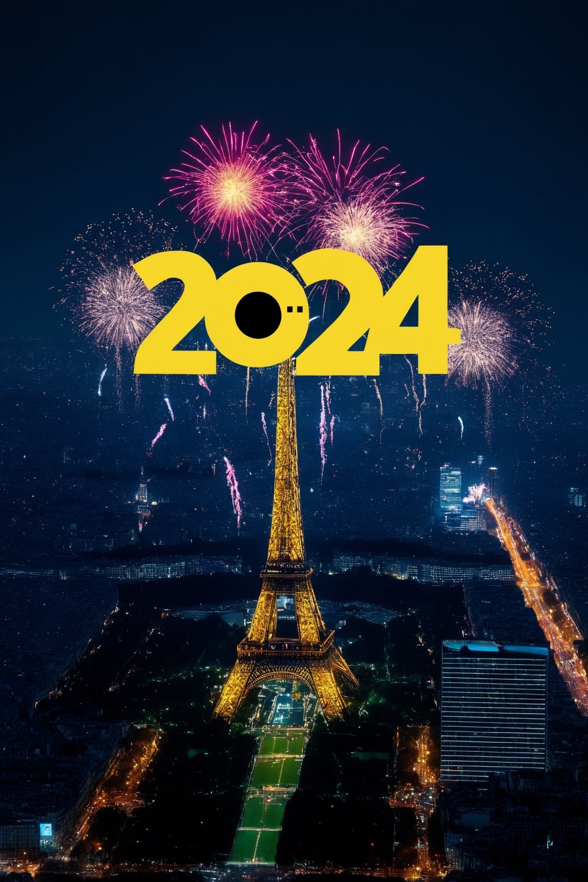 (Professional photograph:1.3) of photo of a city night sky with multicolored end-of-year fireworks, ("HAPPY 2024" text logo, yellow, black, neon, glow:1.7) made of sparkles in the air. Vaporwave aesthetics,  glowing sparkles,  (wide shot:1.2),  BREAK cinematic lighting,  eye level,  Paris at night in the background,  (shot on GoPro:1.4),  Fujicolor Pro film, BREAK (photorealistic:1.3),  vignette,  highest quality,  detailed and intricate,  concept art,  original shot, text logo,night city