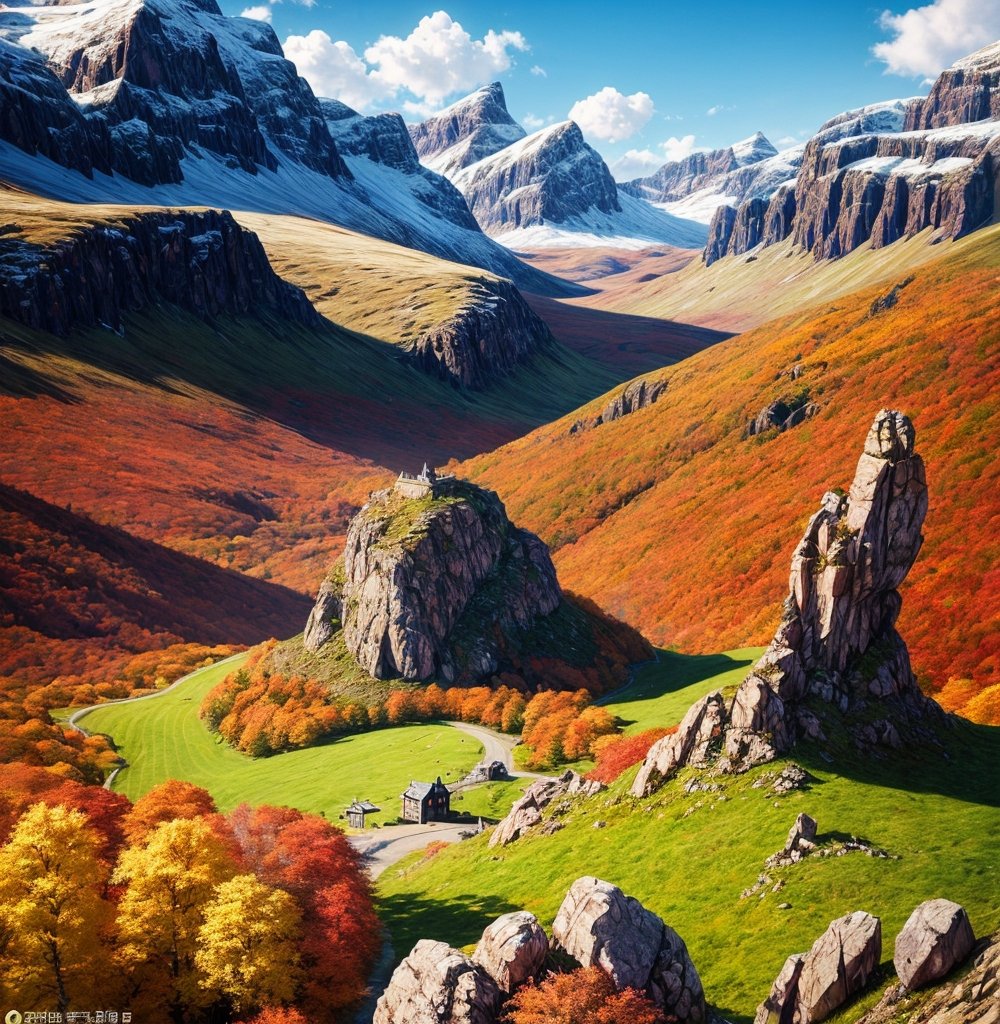 masterpiece, best quality, official_art, aesthetic and beautiful, an old grand house on Scotish highlands, 
Background : many rocks on mountain, huge green field, autumn_leaves, fall_season, no_humans