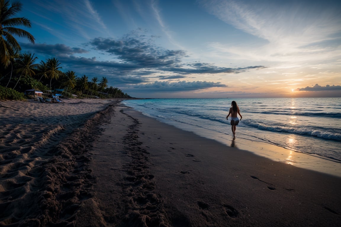 a wide and paradisiacal beach of fine white sand, when it is still night and beginning to dawn. Different tones in the sky, from the dark of the night to the light of the new day. ,Beautiful Beach, a girl walking on the beach 