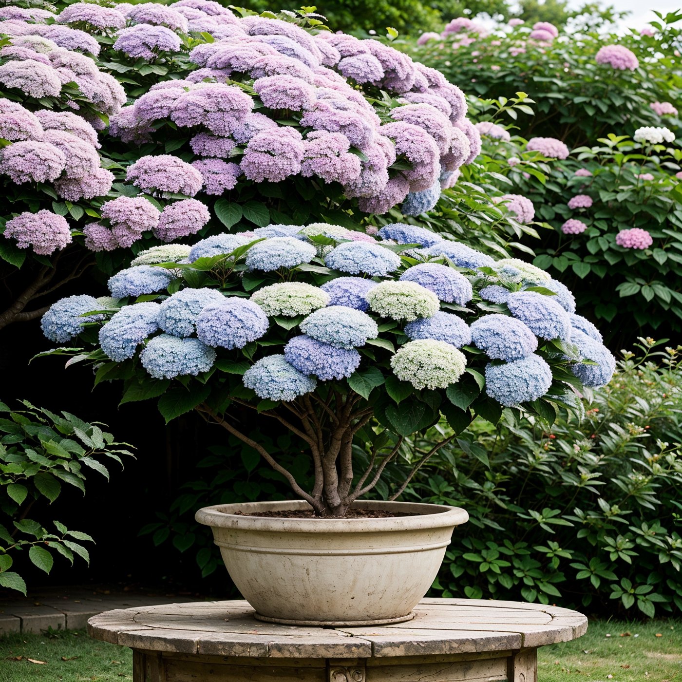 (best quality,8K,highres,masterpiece), ultra-detailed, (photo-realistic, lifelike) photography showcasing the vibrant beauty of  Hydrangeas in full bloom. 
On the red and large flower pot, 
Background: deck of old house, green grasses 