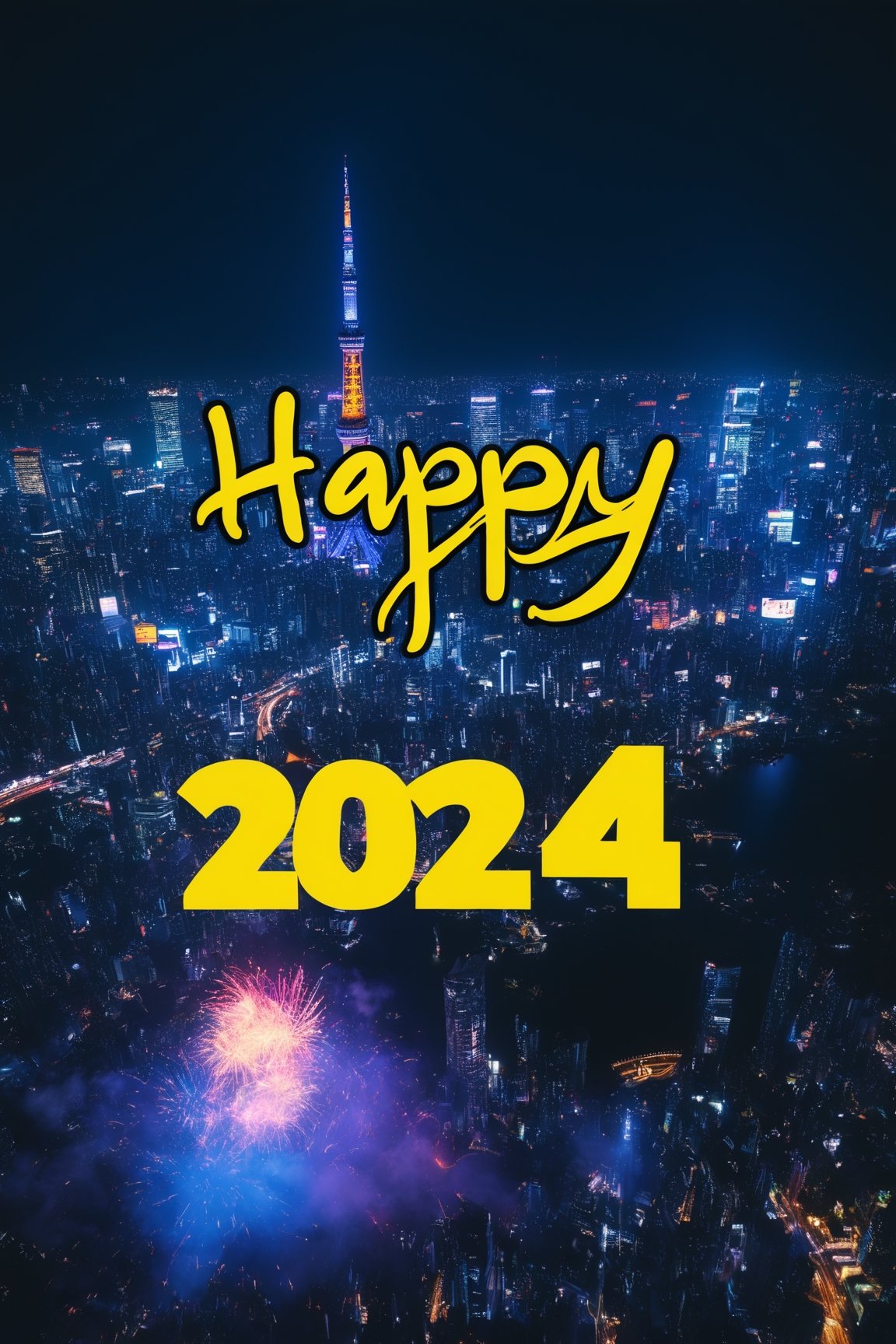 (Professional photograph:1.3) of photo of a city night sky with multicolored end-of-year fireworks, ("HAPPY 2024" text logo, yellow, black, neon, glow:1.5) made of sparkles in the air. Vaporwave aesthetics,  glowing sparkles,  (wide shot:1.2),  BREAK cinematic lighting,  eye level,  Tokyo at night in the background,  (shot on GoPro:1.4),  Fujicolor Pro film,  in the style of Miko Lagerstedt,  Liam Wong,  Nan Goldin,  BREAK (photorealistic:1.3),  vignette,  highest quality,  detailed and intricate,  concept art,  original shot, text logo,night city