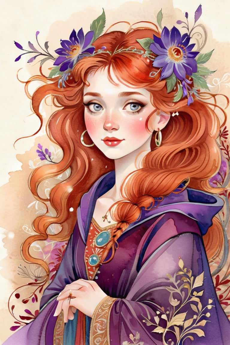 (watercolor drawing:1.4), portrait, beautiful girl, long flowing curly auburn hair,
 (Background  : smuggled and spread with red and purple colors:1.4)
floral embroidery,high detail, intricate details, elegant, aesthetic, lineout, high quality, work of art, hyper-detailed, professional, filigree, hazy, super-detailed, muted colors, style Stephanie Law and Alphonse Mucha and Carne Griffiths,art,ink , puple diluted 