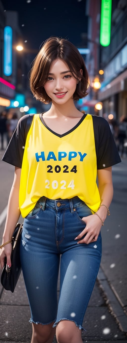 best quality, masterpiece, (photorealistic:1.4), 1girl, brown and whiteish short hair , v neck short sleeve, oversized tank, short skirts,outdoor, cafe, (happy:0.88), ("HAPPY 2024" small text logo on her shirt , yellow, black, neon, glow:1.5),Seattle city, very soft bobbies, Rome city,REALISTIC, full body, overjoyed expression,  blue jeans, red cardigan, snowing, night vibe romantic, holiday vibe, beautiful night life, full body, wear snickers 