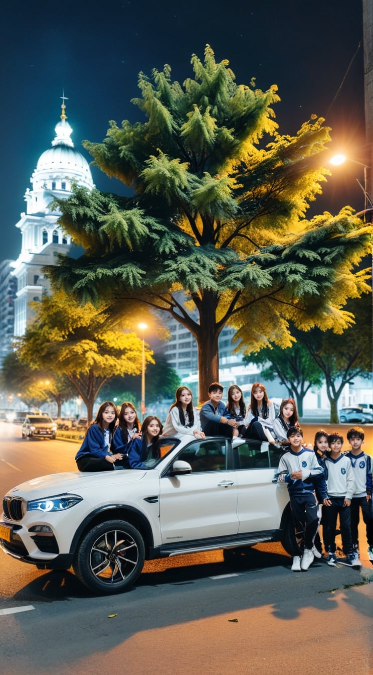 multiple girls, outdoors, multiple boys, tree, night, ground vehicle, building, scenery, motor vehicle, 6+boys, city, car, road, street, photo background, real world location